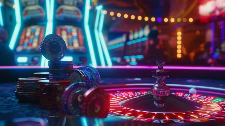 Ilustrasi gameplay sepak bola digital dengan efek neon berwarna magenta dan ungu